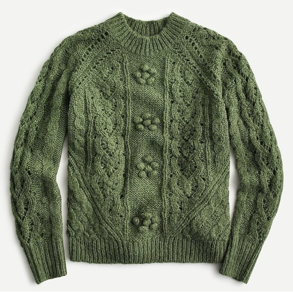 J. Crew Cable-knit pointelle sweater popcorn flowers in moss green - Picture 1 of 8